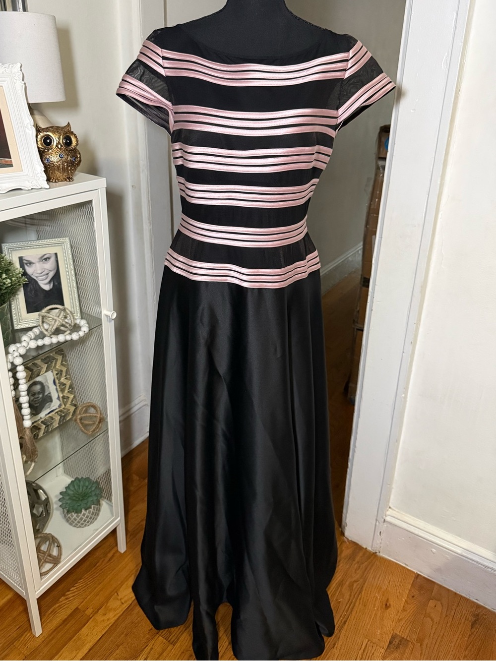 Elegant Black Dress with Pink Stripe Bodice